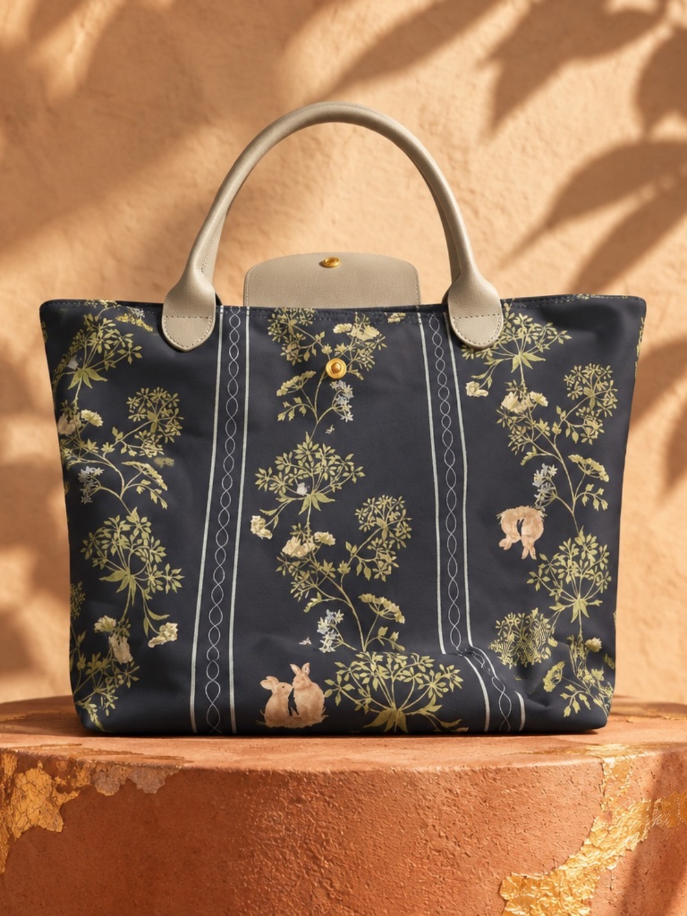 Navy Floral Shoulder Tote with Cream Handles